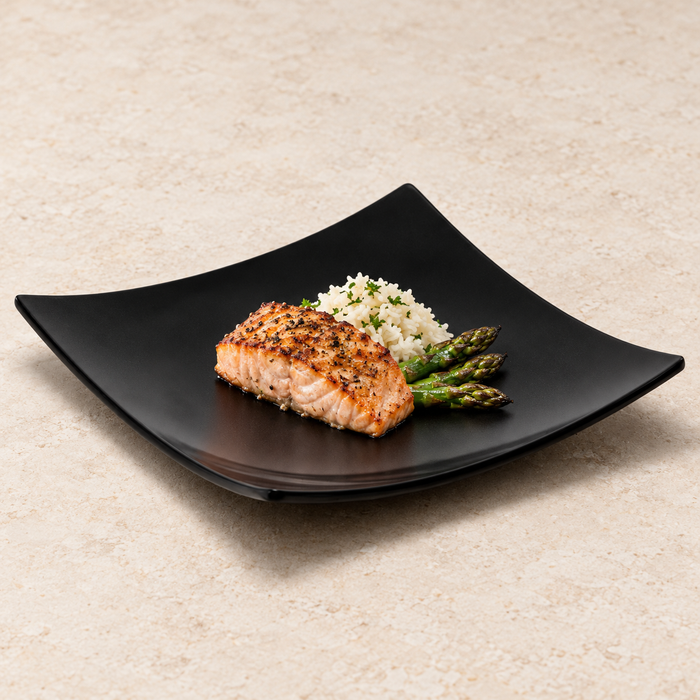12-3/8" Melamine Square Flare Plate, Black. Serving suggestion.