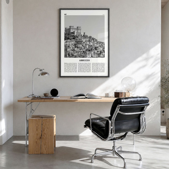 Abruzzo Newspaper No 1 Poster in a black wood frame, hanging in a bright home office