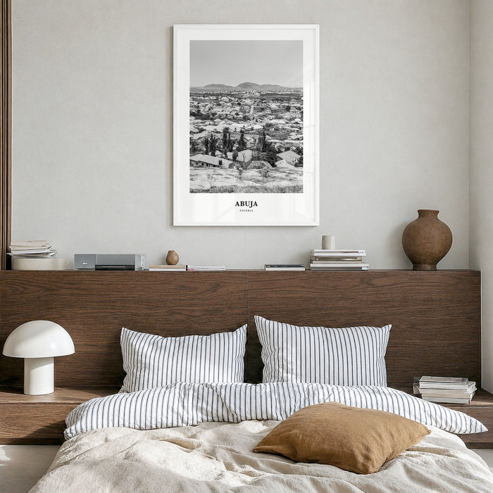 Abuja Classic Poster in a white wood frame, hanging in a bedroom