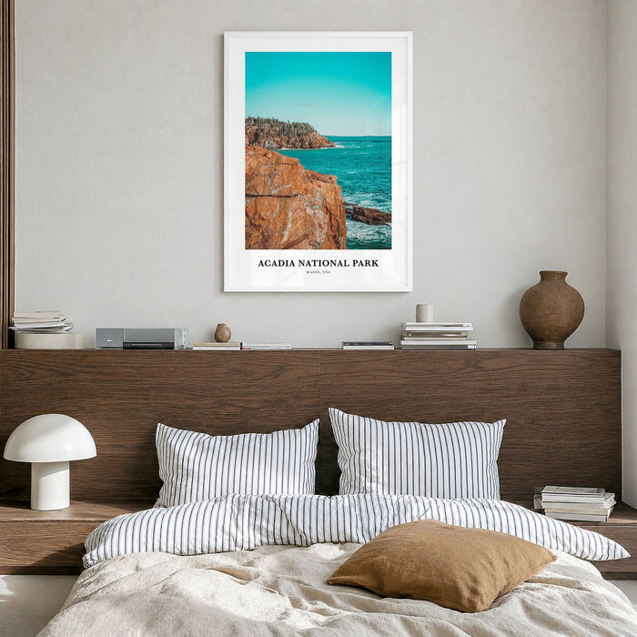 Acadia National Park Classic Poster in a white wood frame, hanging in a bedroom