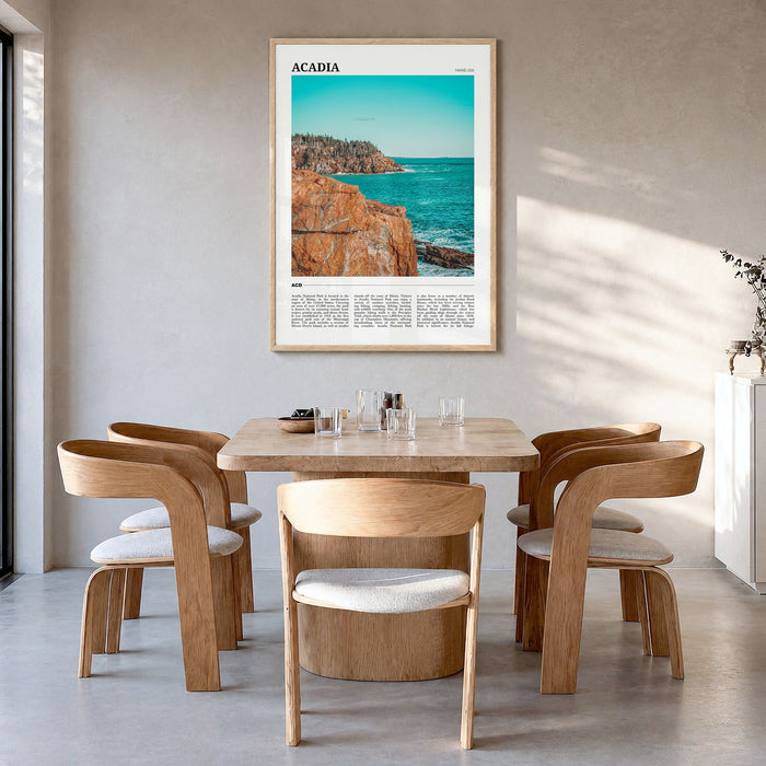 Acadia National Park Travel Poster in a natural wood frame, hanging in a dining room