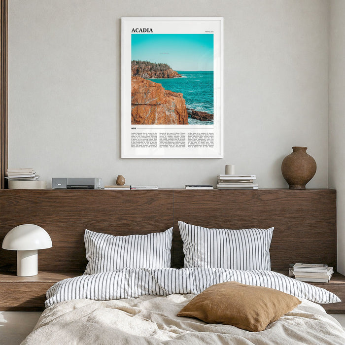 Acadia National Park Travel Poster in a white wood frame, hanging in a bedroom