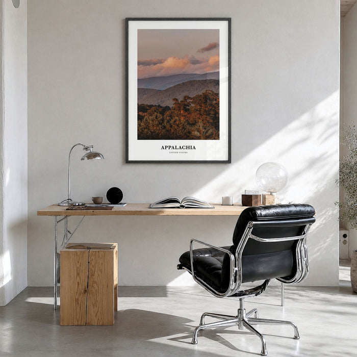 Appalachia Classic Poster in a black wood frame, hanging in a bright home office