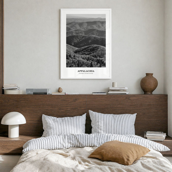 Appalachia Classic Poster in a white wood frame, hanging in a bedroom