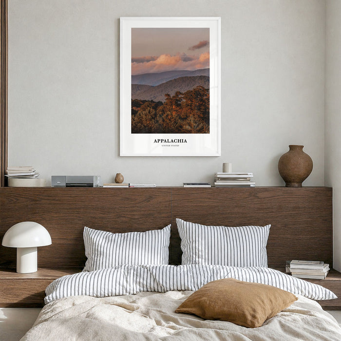 Appalachia Classic Poster in a white wood frame, hanging in a bedroom