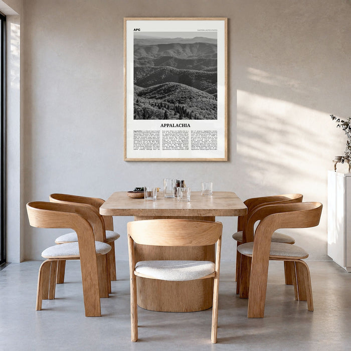 Appalachia Newspaper Poster in a natural wood frame, hanging in a dining room