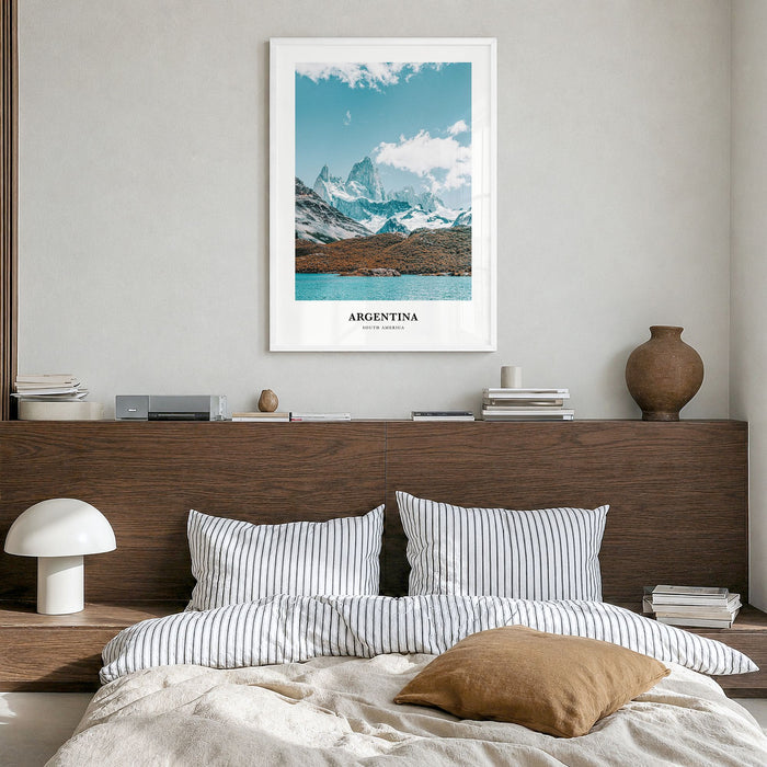 Argentina Classic Poster in a white wood frame, hanging in a bedroom