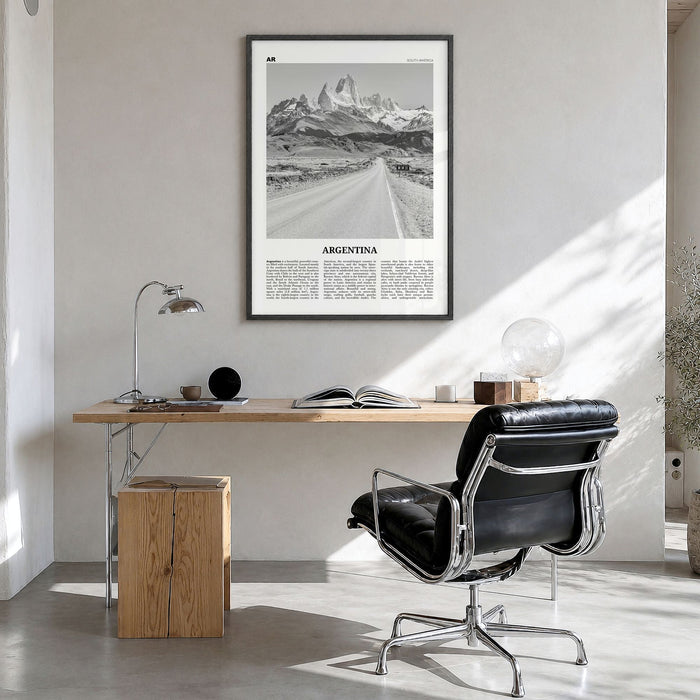 Argentina Newspaper No 1 Poster in a black wood frame, hanging in a bright home office