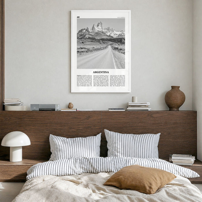 Argentina Newspaper No 1 Poster in a white wood frame, hanging in a bedroom