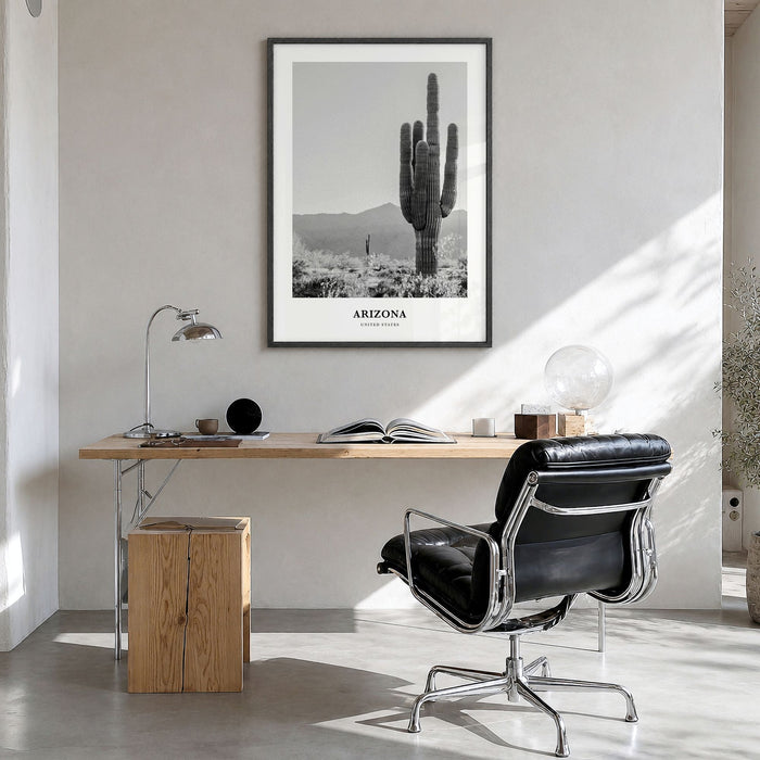 Arizona Classic No 1 Poster in a black wood frame, hanging in a bright home office