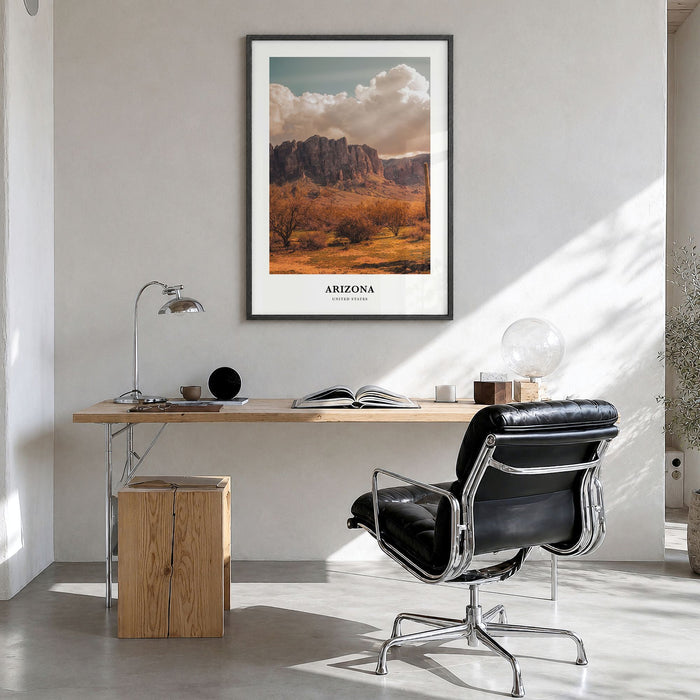 Arizona Classic No 1 Poster in a black wood frame, hanging in a bright home office