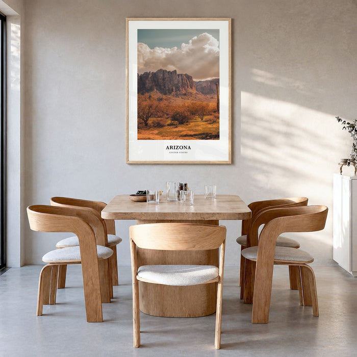 Arizona Classic No 1 Poster in a natural wood frame, hanging in a dining room
