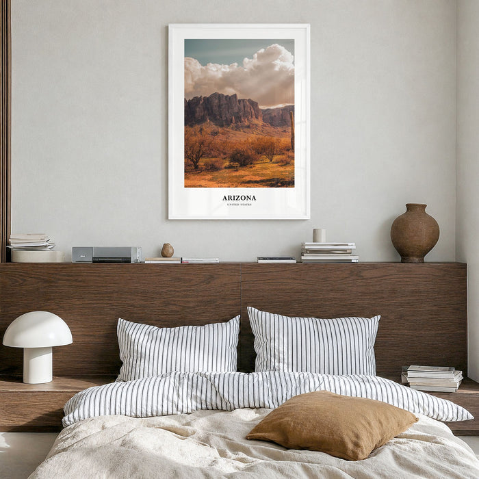 Arizona Classic No 1 Poster in a white wood frame, hanging in a bedroom