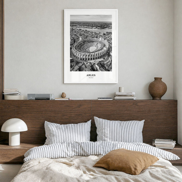 Arles Classic Poster in a white wood frame, hanging in a bedroom