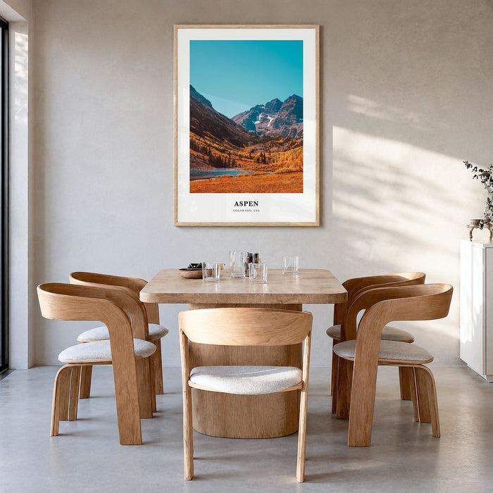 Aspen Classic Poster in a natural wood frame, hanging in a dining room