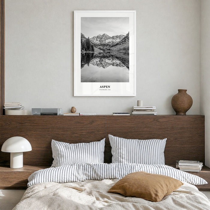 Aspen Classic Poster in a white wood frame, hanging in a bedroom