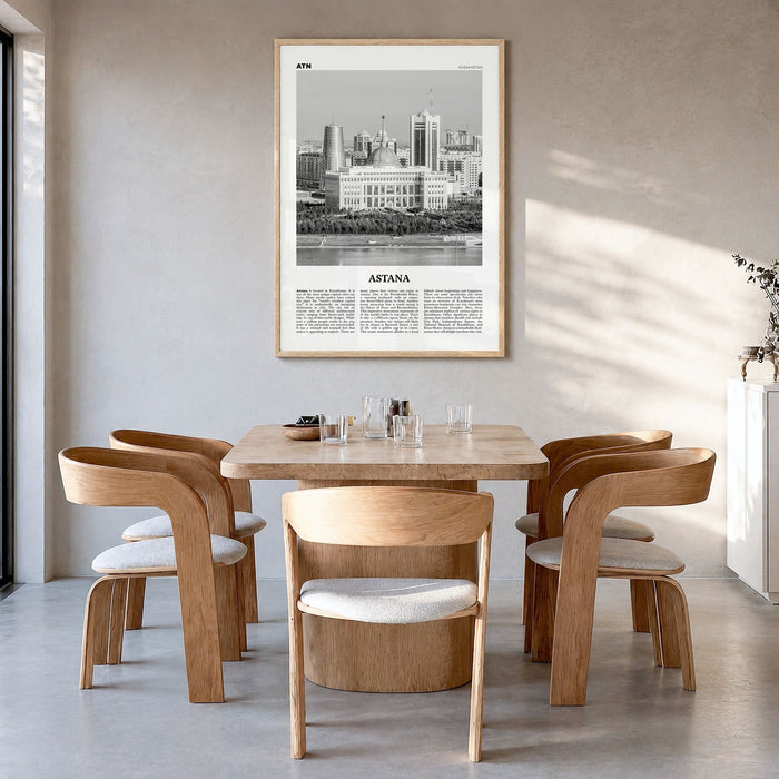 Astana Newspaper Poster in a natural wood frame, hanging in a dining room