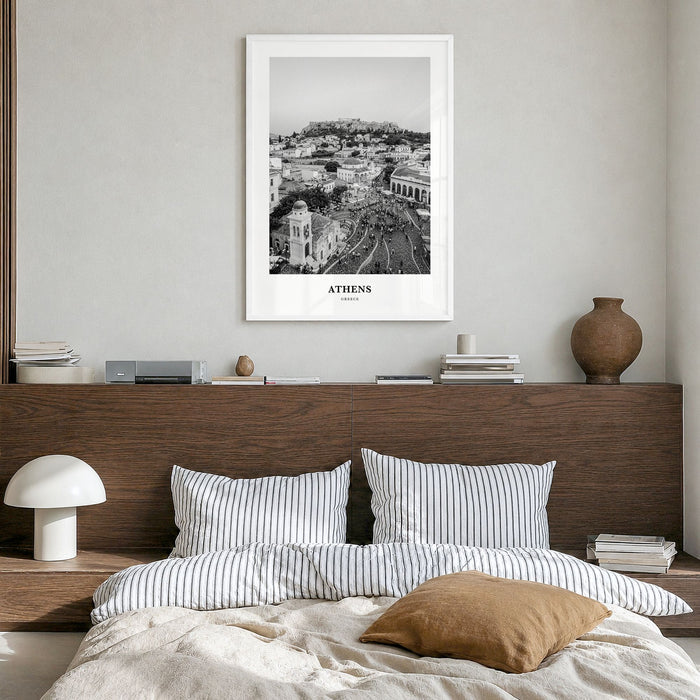 Athens, Greece Classic No 2 Poster in a white wood frame, hanging in a bedroom