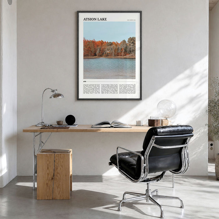 Atsion Lake Travel Poster in a black wood frame, hanging in a bright home office