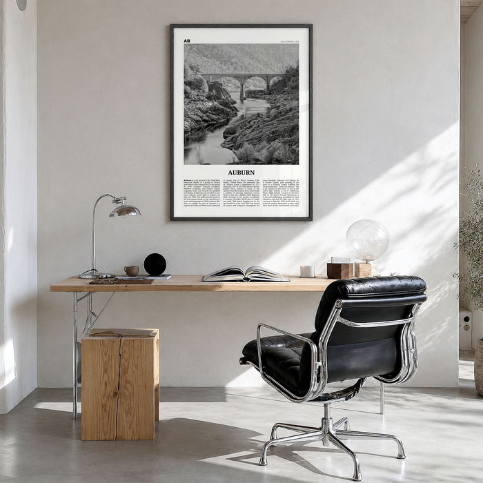 Auburn, California Newspaper Poster in a black wood frame, hanging in a bright home office