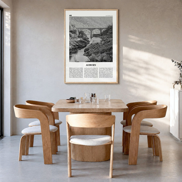 Auburn, California Newspaper Poster in a natural wood frame, hanging in a dining room