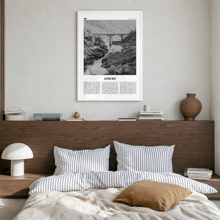 Auburn, California Newspaper Poster in a white wood frame, hanging in a bedroom