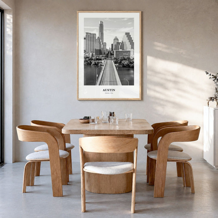 Austin Classic No 1 Poster in a natural wood frame, hanging in a dining room