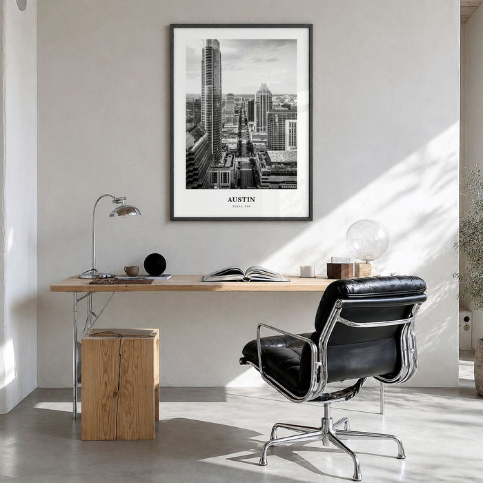 Austin Classic No 2 Poster in a black wood frame, hanging in a bright home office
