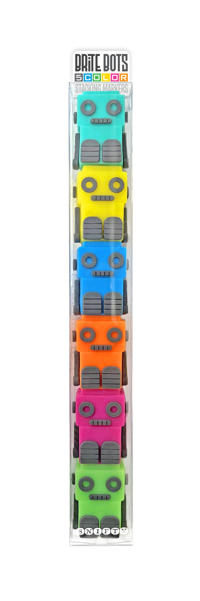 Set of five bright stackable robot markers in assorted colors by Snifty.