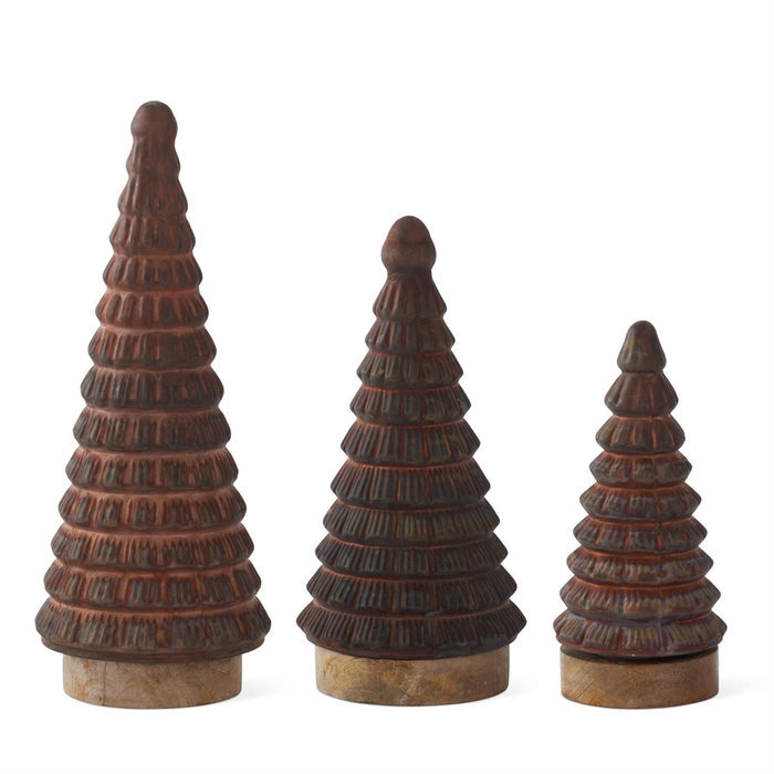 BROWN GLASS CHRISTMAS TREES ON WOOD BASE