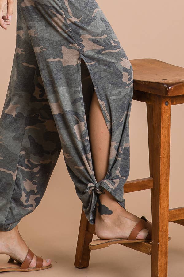 Camo Print Split Side Ankle Tie Women's Casual Pants P3585