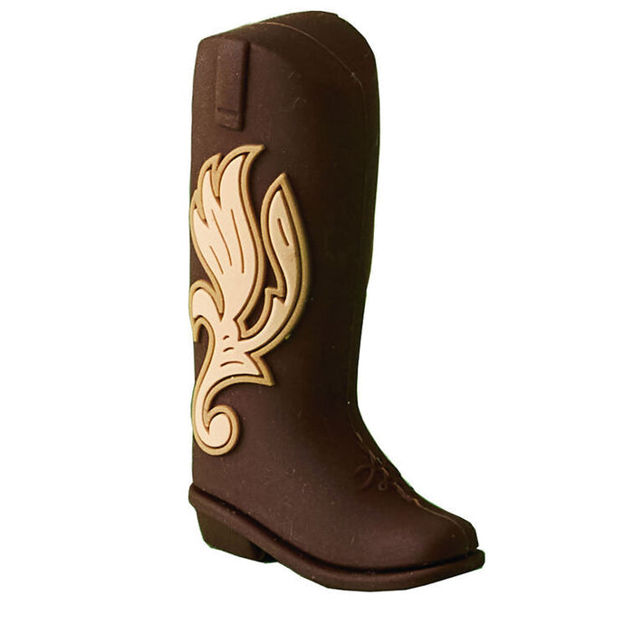 Brown silicone cowboy boot drink charm designed to fit inside Charmers or stemless contour glasses for easy drink