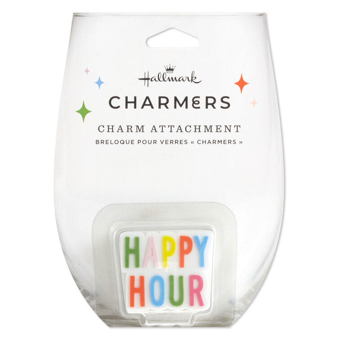 Colorful silicone drink charm with "Happy Hour" lettering, fits inside Charmers stemless contour or drinking glasses.