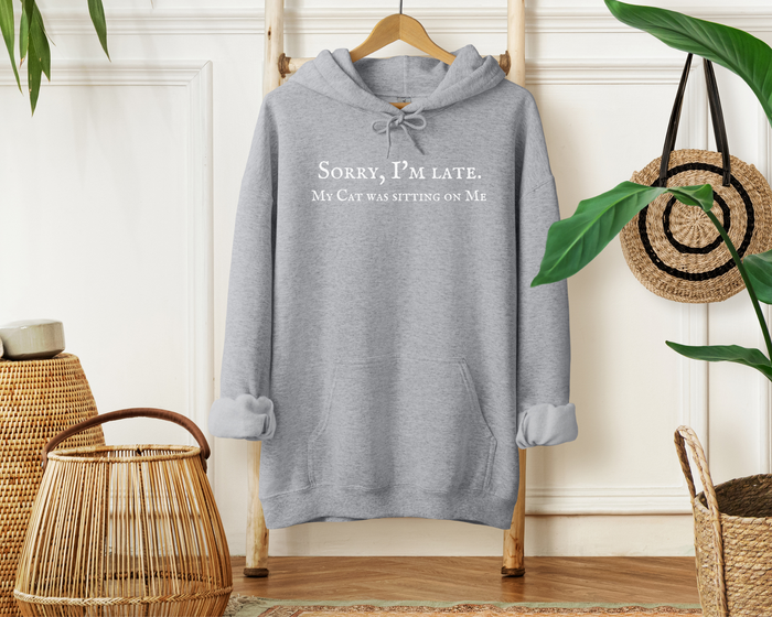 [Clearance 40%] Sorry I’m Late. My Cat Was Sitting On Me Hoodie, Sport Grey