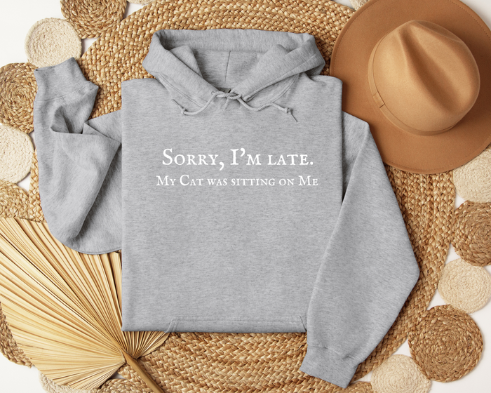 [Clearance 40%] Sorry I’m Late. My Cat Was Sitting On Me Hoodie, Sport Grey
