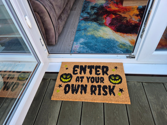 Doormat 60cm x 40cm - 'Enter At Your Own Risk' - Absorbent Coir Mat for Indoor/Outdoor
