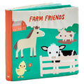 Farm-themed touch-and-feel baby book with soft fabric pages featuring baby duck, pig, horse, and cow illustrations.