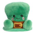 Finnigan Palm Pals plush leprechaun hat with green body, golden belt buckle, and cheerful smile—perfect for St. Patrick’s