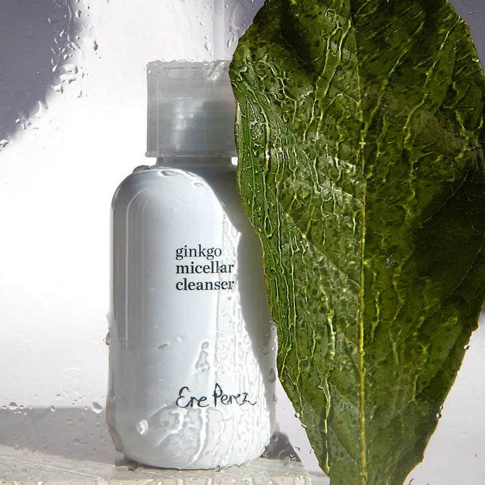 Bottle of ginkgo micellar cleanser 37g  by Ere Perez next to a green leaf.