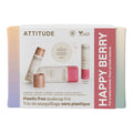 Oceanly Happy Berry plastic-free makeup trio packaging on a white background.