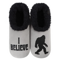 Men’s black cozy sherpa slippers with non-skid soles, “I Believe” pairables by Snoozies.