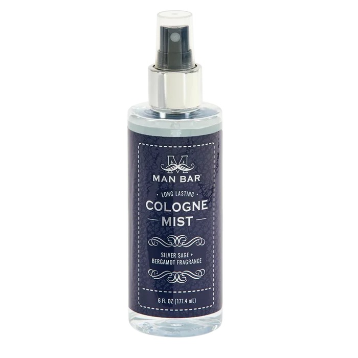 Silver Sage & Bergamot cologne mist spray bottle, sleek black label with silver cap, 6 oz masculine fragrance.