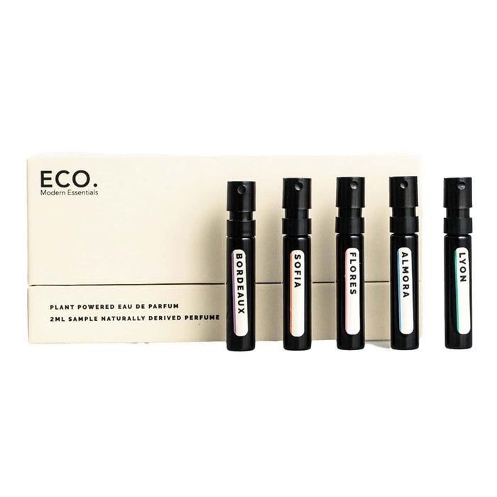 Set of five small perfume bottles with labels in front of a box labeled 'ECO. Modern Essentials'.