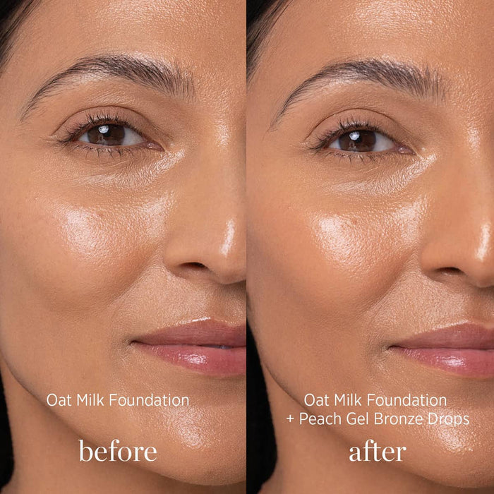 Before and after comparison of a woman's face with Ere Perez Oat Milk Foundation and Peach Gel Bronze Drops.