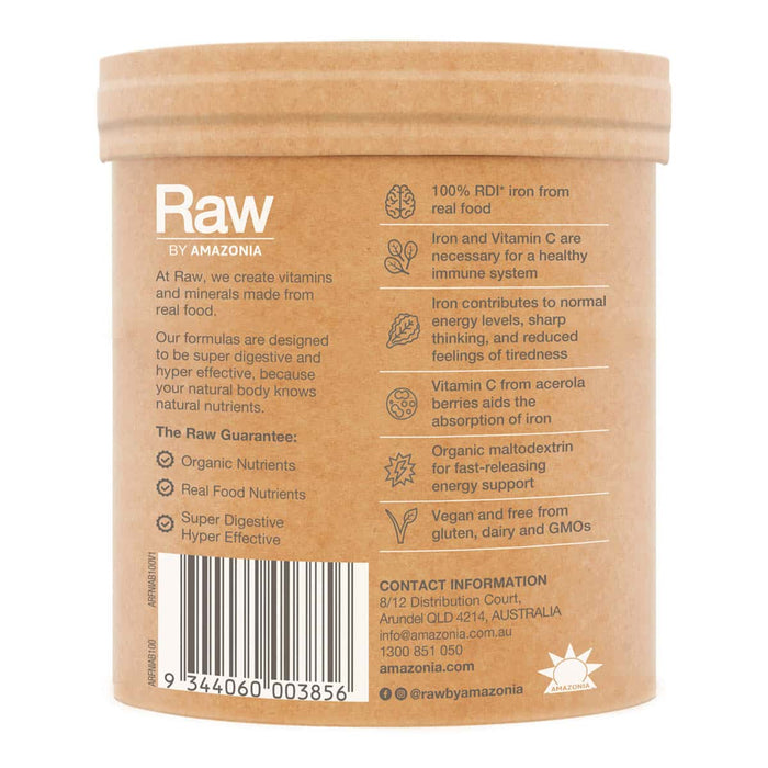 Back of organic iron apple blackcurrant with product highlights.
