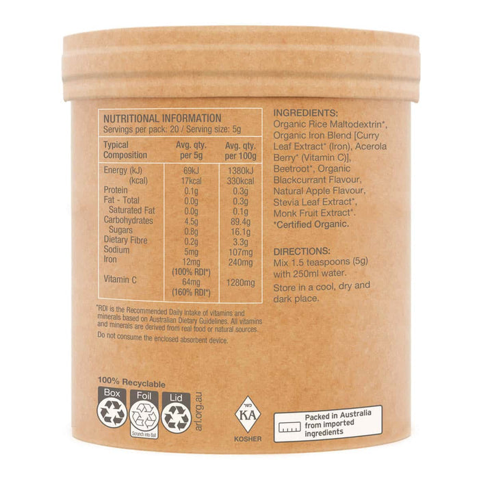 Side of organic iron apple blackcurrant with nutritional information panel and ingredients.