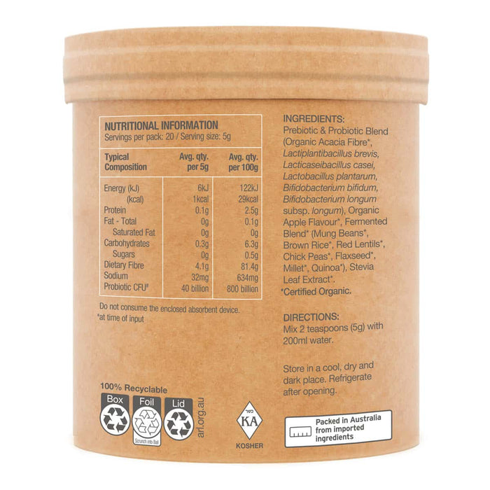 Back of Amazonia Raw Probiotics Cloudy Apple 100g. Nutritional information panel and ingredients.