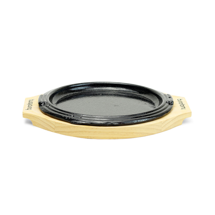 Round Iron Sizzling Steak Plate with Wood Base, 7.5"