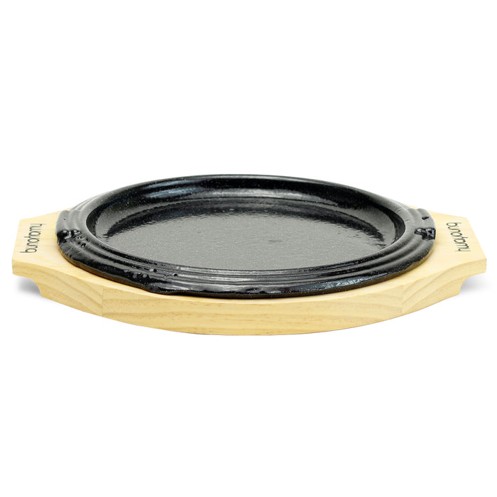 Round Iron Sizzling Steak Plate with Wood Base, 9.25"