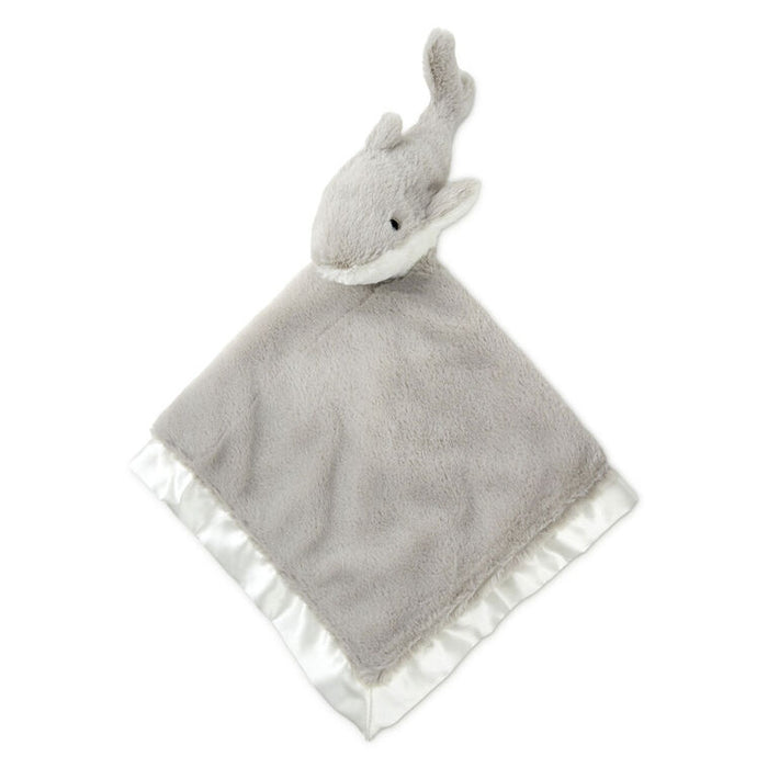 Gray and white shark lovey blanket with plush fabric, satin trim, and embroidered details—perfect for snuggling babies